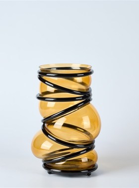 现代简约玻璃缠绕花器木质高脚果盘创意摆件桌面餐桌装饰品样板间