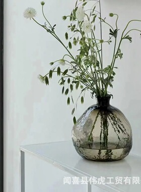 欧式大号冷纹咖色玻璃花瓶侘寂风客厅餐桌插花不规则水培花器摆件