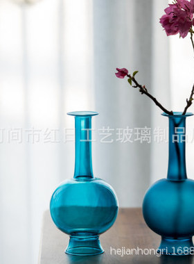 雀蓝花瓶玻璃净瓶仿宋直颈瓶仿古文人花器古典中式器皿茶空间摆件