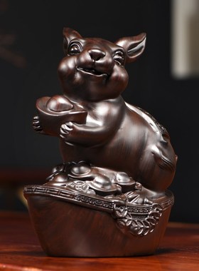 黑檀木雕兔子摆件新中式实木质十二生肖全套家居客厅装饰工艺礼品