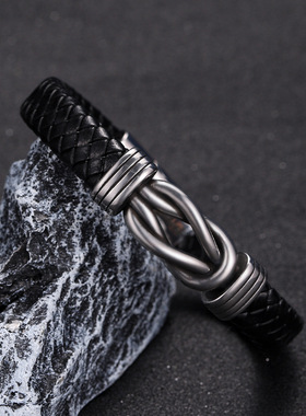 亚马逊爆款男士复古不锈钢手镯欧美爆款钛钢八字手链真皮手镯