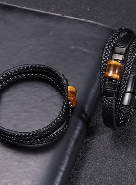 亚马逊爆款双扣虎眼石手链皮革饰品热销复古首饰欧美竹节手镯