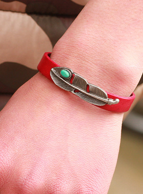 极速琦诺跨境日韩时尚手錬金属风镶D嵌绿松石真皮复古手环牛皮材