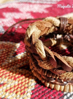 极速Handemade#民族手工手錬木制皮质麻编手錬欧美ins风波西米亚