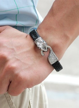 极速琦诺经典个性时尚手錬不锈钢蛇头牛皮K编织手串真皮男跨境北