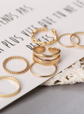 极速rings women 7-pieceA set 合金金色戒指女复古链条戒指组套7