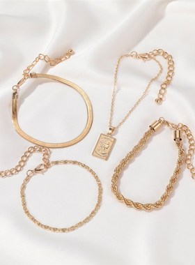极速跨境热卖时尚四件套手錬 麻花链G人像吊坠手錬女式四件套组合