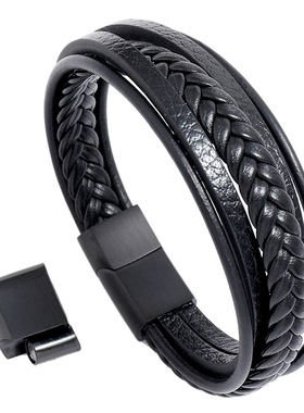 极速欧美跨境饰品不锈p钢磁铁扣男士牛皮手錬创意多层简约编织皮