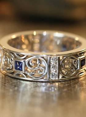 极速-Cao Shisi new mens ring retro pattern inlaid blue zir