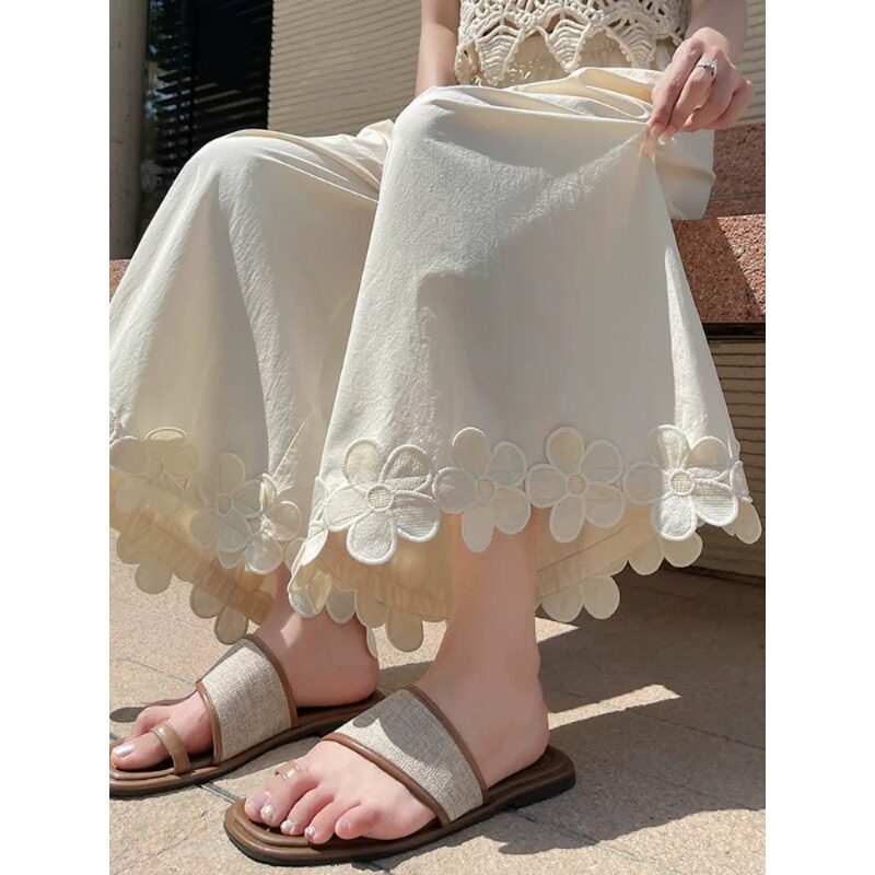 洗水棉花朵拼接阔腿裤女夏薄款冰丝裤子小个子直筒宽松休闲九分裤