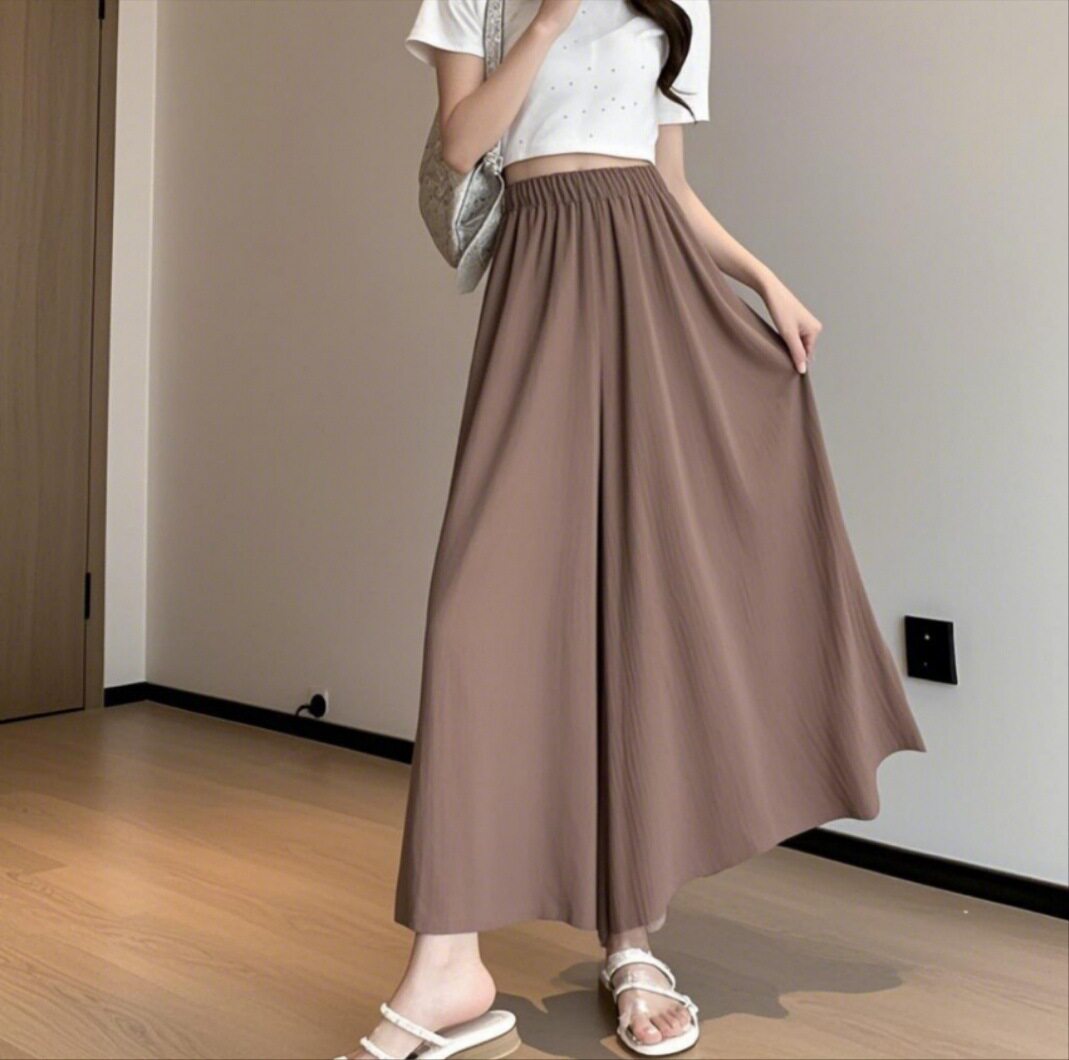 半身裙裤女夏季薄款高级感A字大摆高腰褶皱垂感冰丝阔腿裤八分裤