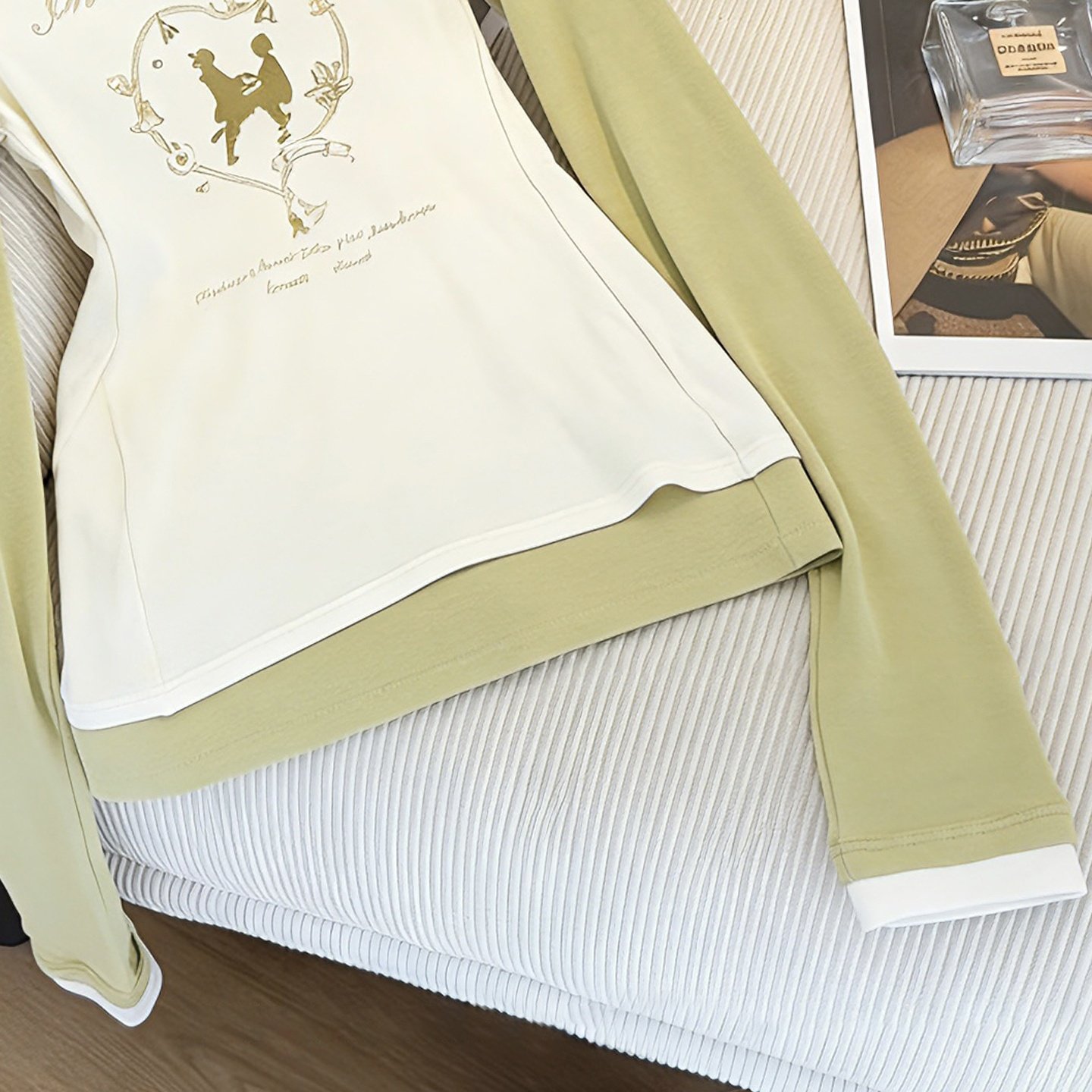 韩系复古别致撞色插肩袖印花长袖T恤春秋设计感减龄百搭打底上衣,淘宝优惠券,粉丝福利购,淘宝优惠卷