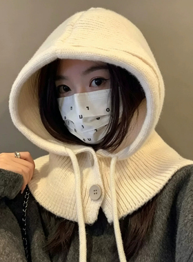 红色巴拉克拉法帽女秋冬保暖针织帽子围巾一体防寒连帽围脖毛线帽