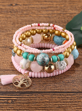 欧美热销波西米亚风串珠手饰流苏生命之树吊坠女士分层水晶手链