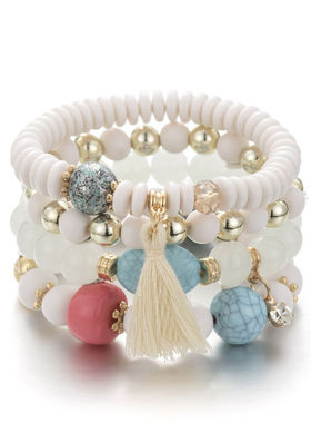 波西米亚新款女士小众小清新彩珠流苏多层手链珠串弹力分层手链