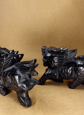 天然黑玉麒麟摆件黑墨玉原石雕刻麒麟玉石玉雕家居办公工艺品摆设