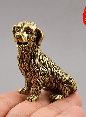 实心黄铜办公桌面装饰摆件金毛旺财狗古铜茶宠饰品工艺品手把件