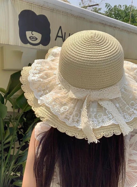 法式甜美蝴蝶结草帽女夏防晒