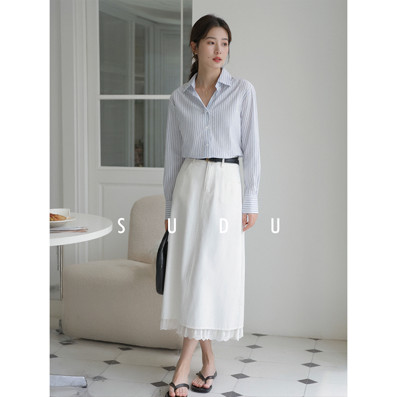 SUDU素都2026春季新款法式蓝白竖条纹长袖衬衫女通勤宽松复古衬衣,淘宝优惠券,粉丝福利购,淘宝优惠卷