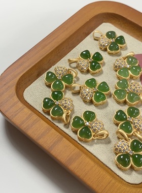 天然和田玉925银镶和田碧玉幸运草吊坠单坠吊坠毛衣配饰