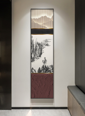 极速新中式入户玄关挂画酒店茶室走廊H过道装饰画竖版抽象山水油