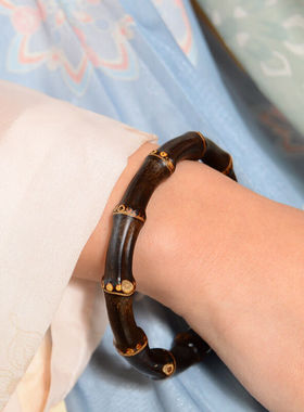 极速御漪六字箴言多节鸡血藤手y镯紫竹根制品足银实心玉竹手工小