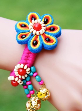 极速云南复d古民族风手工编织手链花卉舞蹈布艺铃铛护腕女生创意
