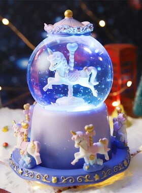 梦幻旋转木马水晶球声控飘雪花旋转八音盒小夜灯摆件女孩生日礼物
