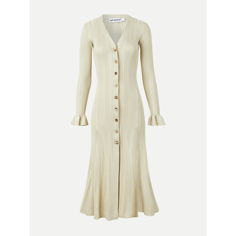 【折扣】Self-Portrait 秋冬女金属感罗纹针织中长长袖连衣裙 - 图0