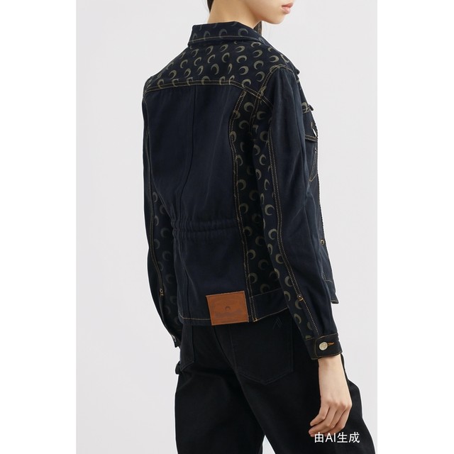 MARINE SERRE Spring and Autumn Women's Black Crescent Print Waist Denim Jacket