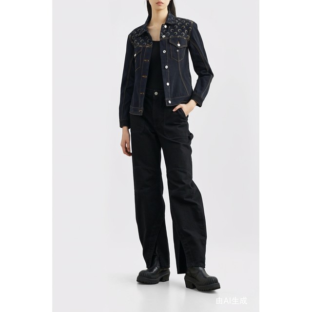 MARINE SERRE Spring and Autumn Women's Black Crescent Print Waist Denim Jacket