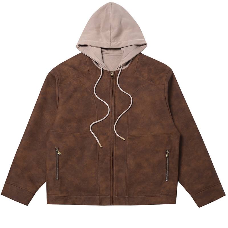 秋季美式上衣假两件扎染皮夹克连帽外套女