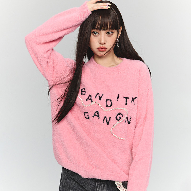 2023新款纯色圆领珍珠毛衣针织衫