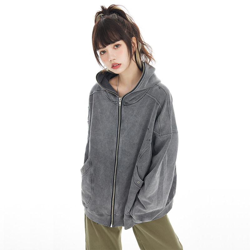 BANDITKGANGN做旧水洗灰春秋潮INS连帽卫衣