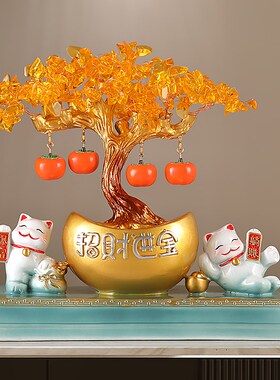 新中式办公室前台招财猫发财树钱袋摆件电视柜玄关装饰品开业送礼
