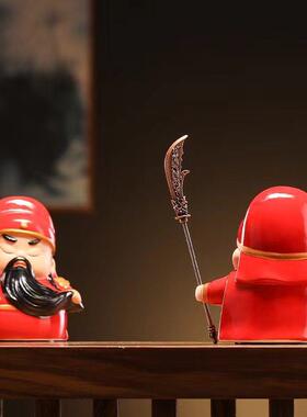 国潮Q版陶瓷武财神关公摆件二爷车载玄关电视柜桌面办公室装饰品