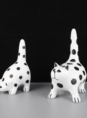 北欧创意黑白波点猫咪卡通树脂摆件家居客厅儿童房样板间软装饰品