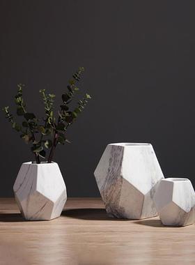 轻奢大理石纹绿色小花瓶陶瓷网红北欧宽口装饰摆件简约小清新多肉