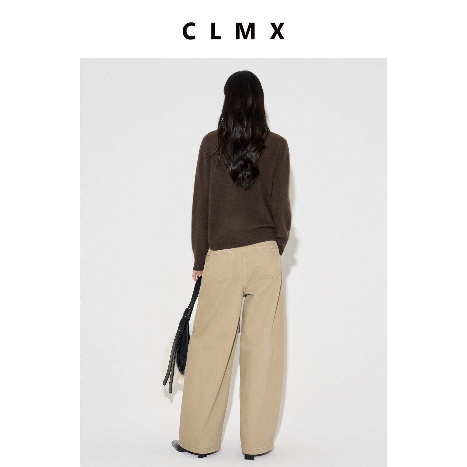 CLMX秋冬纯色通勤拼接阔腿裤棉莱赛尔混纺粗斜纹面料休闲廓形长裤 - 图3