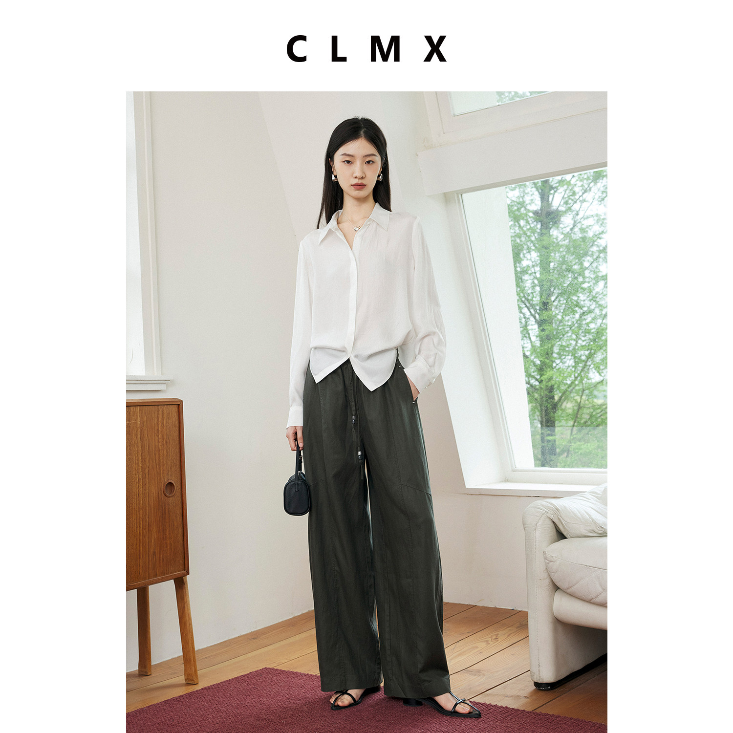 CLMX亚麻莱赛尔白色窄脚香蕉休闲裤女夏季薄款高级系带宽松长裤子