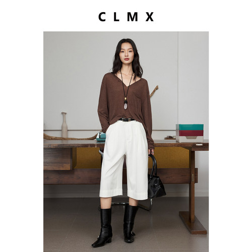 CLMX莱赛尔棉复古白色7分牛仔裤春夏女宽松浅色休闲裤子赠pu腰带 - 图0