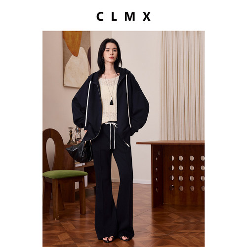 CLMX秋季宽松休闲两件套羊毛混纺复合针织布抽绳外套/微喇长裤女 - 图1