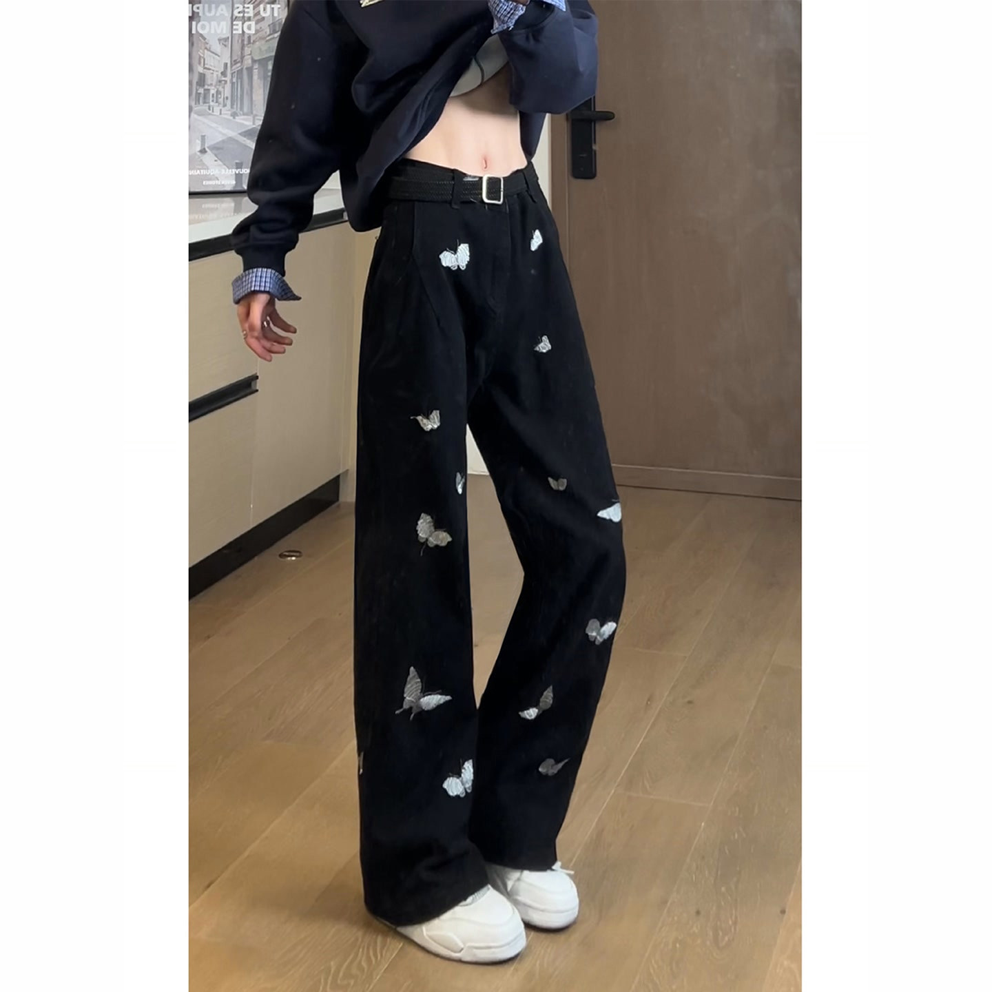 蝴蝶刺绣黑色阔腿牛仔裤男款秋季美式高街裤子显瘦弯刀直筒微喇裤,淘宝优惠券,粉丝福利购,淘宝优惠卷