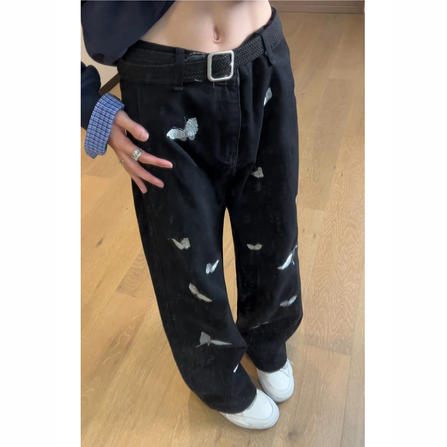 蝴蝶刺绣黑色阔腿牛仔裤男款秋季美式高街裤子显瘦弯刀直筒微喇裤,淘宝优惠券,粉丝福利购,淘宝优惠卷
