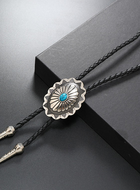 欧美复古潮流绿松石花型合金滴油PU波洛领项链 男士简约长款项链