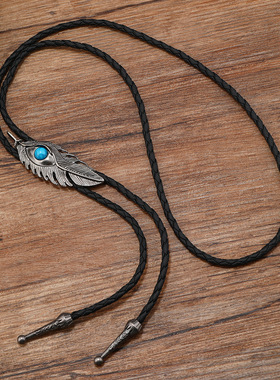 复古文艺绿松石羽毛花型合金黑色PU波洛领项链 男士简约长款项链