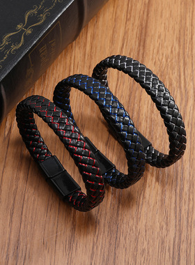 新款复古简约编织双色皮质磁铁扣皮手链 欧美朋克风潮流手饰