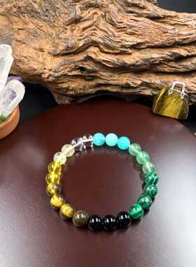 天然绿东陵黄水晶孔雀石虎眼石手