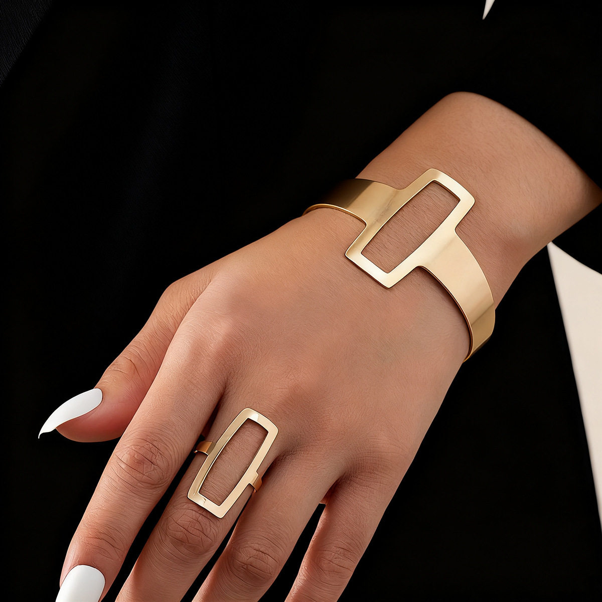 European and American cross-border metal design geometric women's open bracelet ring set exaggerated punk retro temperament jewelry