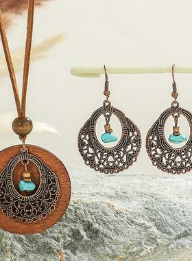 欧美复古毛衣链秋冬米珠几何花纹圆木片长项链耳环套装义乌